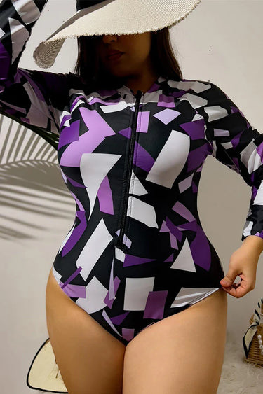 Plus Size Irregular Geometric Purple Print Long Sleeve Swimsuit
